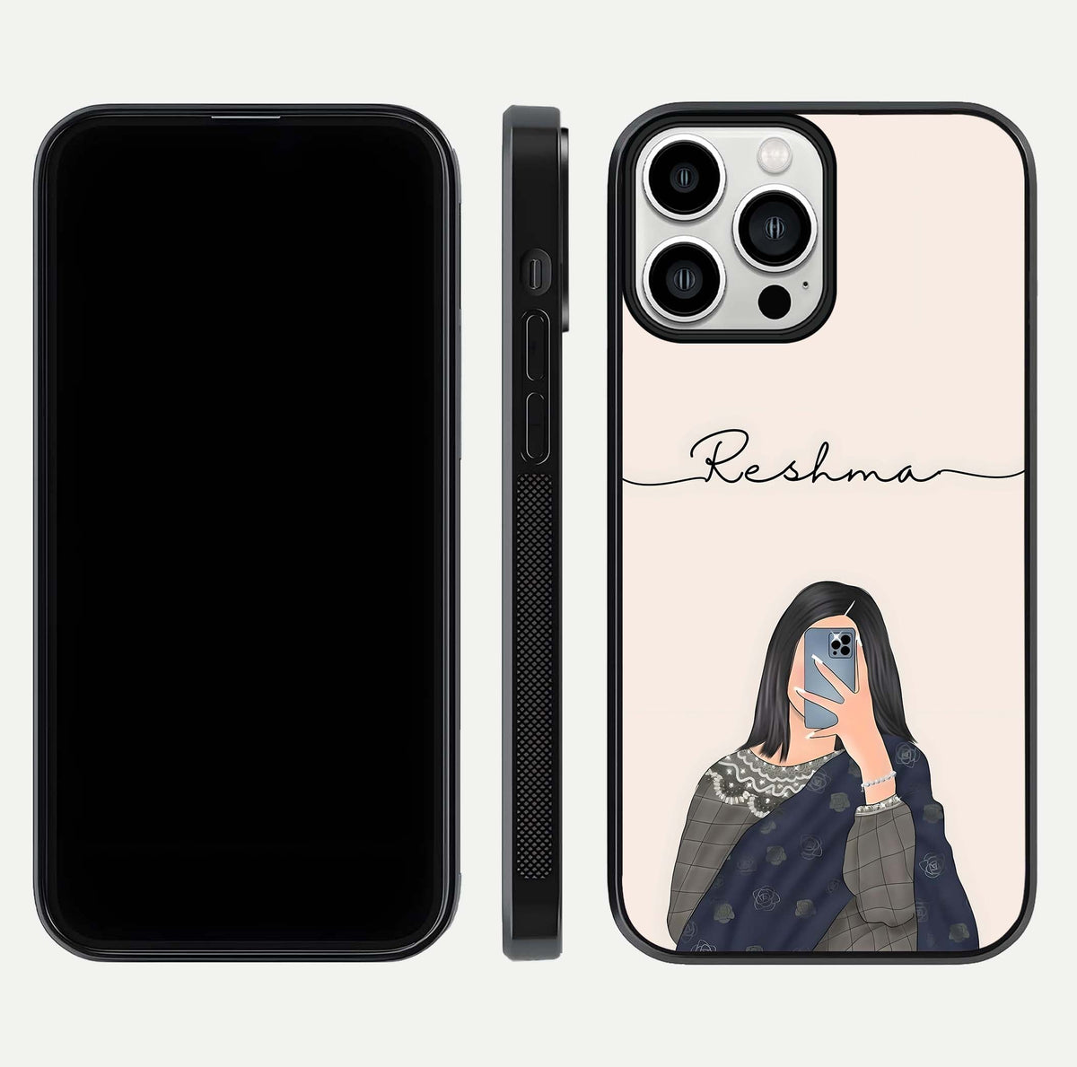 Mirror Mood Muse Custom Name Glass Case for iPhone 13 Pro Max front & back layout showing personalized name placement
