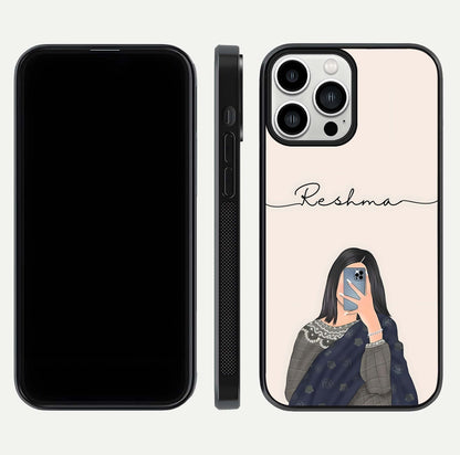 Mirror Mood Muse Custom Name Glass Case for iPhone 13 Pro Max front & back layout showing personalized name placement