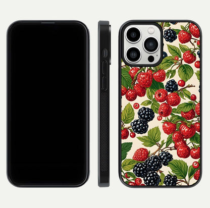 Mixed Berry Collage Glass Case for iPhone 13 Pro Max front & back layout highlighting colorful art and curved edges