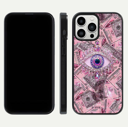 Money Eye Luxe Glass Case for iPhone 13 Pro Max front & back layout highlighting luxury edge design and bold art