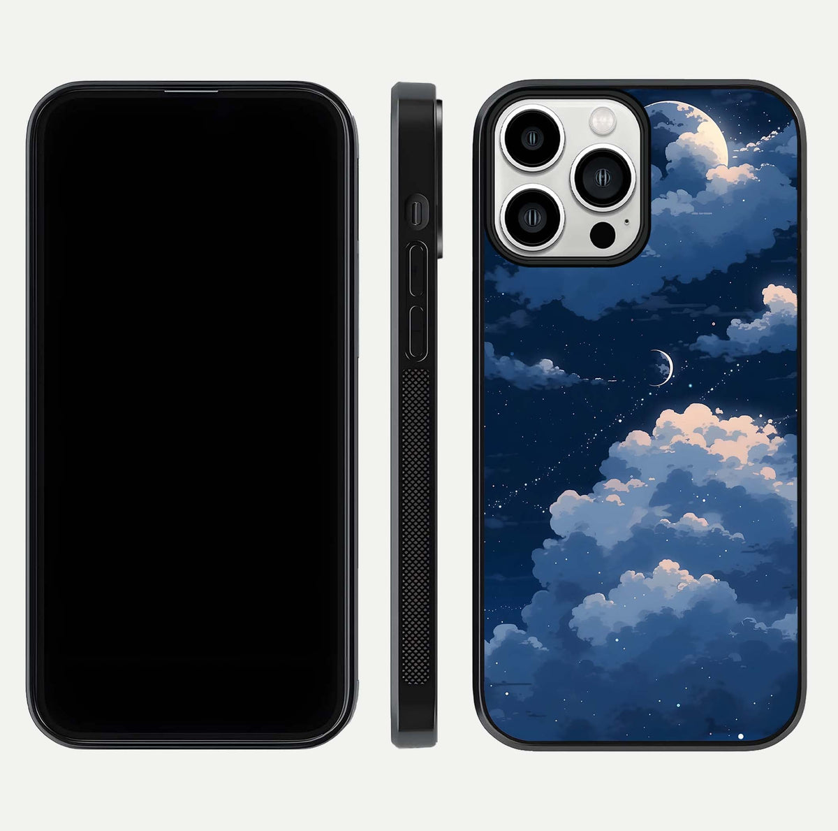 Moon Dream Haze Glass Case for iPhone 13 Pro Max front & back layout highlighting dreamy design and curved shape
