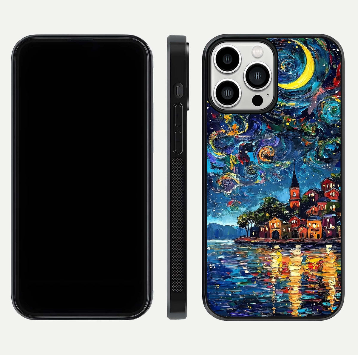 Moonlight Harbor Glow Glass Case for iPhone 13 Pro Max front & back layout highlighting calm harbor tones