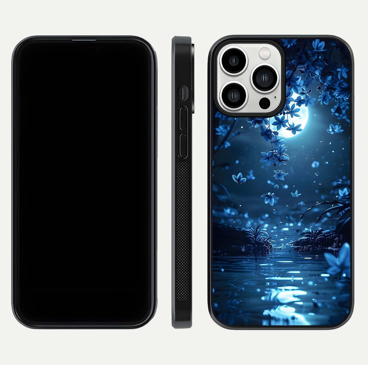 Moonlight Petal Dream Glass Case for iPhone 13 Pro Max front & back layout highlighting soft pastel tones