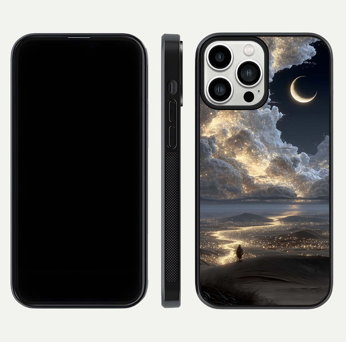Moonlight Spark Path Glass Case for iPhone 13 Pro Max front & back layout highlighting calm tones and sleek edges