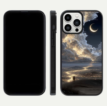 Moonlight Spark Path Glass Case for iPhone 13 Pro Max front & back layout highlighting calm tones and sleek edges