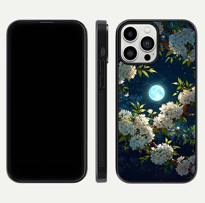 Moonlit Blossom Dream Glass Case for iPhone 13 Pro Max front & back layout highlighting moonlit tones and edges