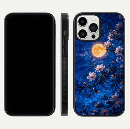 Moonlit Blossoms Night Glass Case for iPhone 13 Pro Max front & back layout highlighting moonlit tones and curved edges