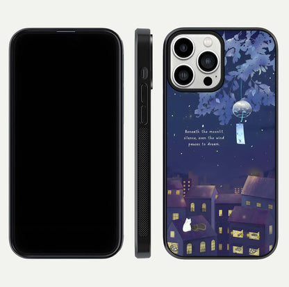 Moonlit Cat Silence Glass Case for iPhone 13 Pro Max front & back layout highlighting calm tones and edge detail