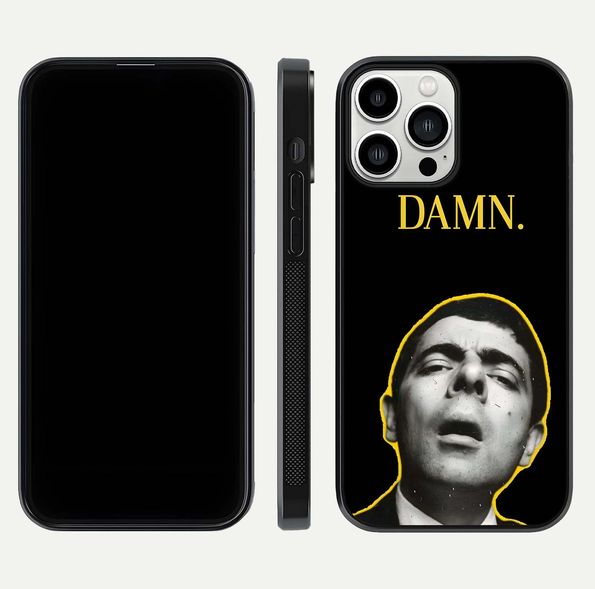 Mr Bean Damn Glass Case for iPhone 13 Pro Max front & back layout displaying fun artwork and curved smooth edges