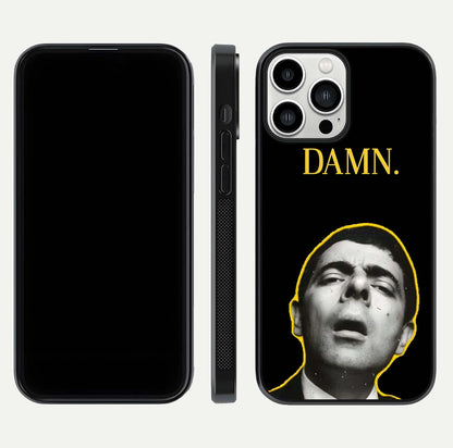 Mr Bean Damn Glass Case for iPhone 13 Pro Max front & back layout displaying fun artwork and curved smooth edges