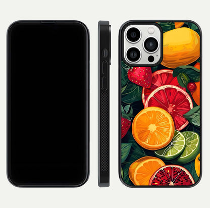 Multiple Fruits Glass Case for iPhone 13 Pro Max front & back layout highlighting vibrant tones and curved edges