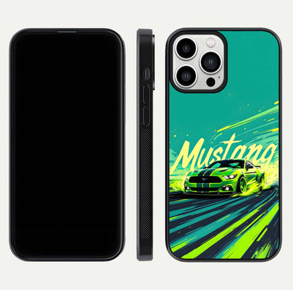 Mustang Bang Glass Case for iPhone 13 Pro Max front & back layout highlighting dark automotive tones and edge detail