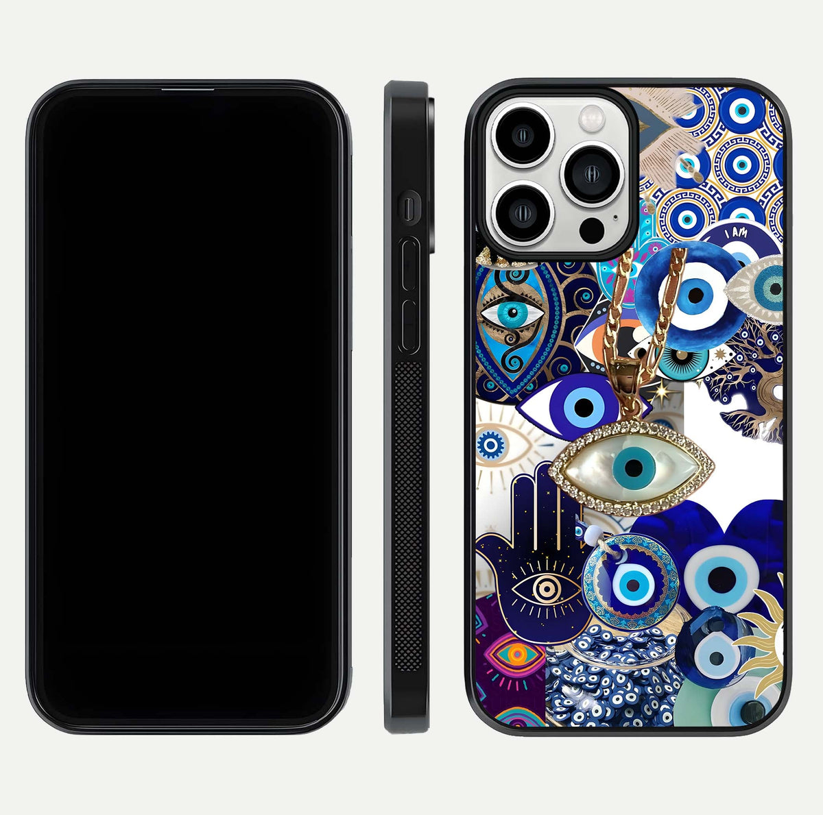 Mystic Charm Eye Glass Case for iPhone 13 Pro Max front & back layout highlighting spiritual design and edges