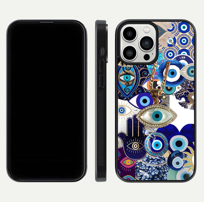 Mystic Charm Eye Glass Case for iPhone 13 Pro Max front & back layout highlighting spiritual design and edges