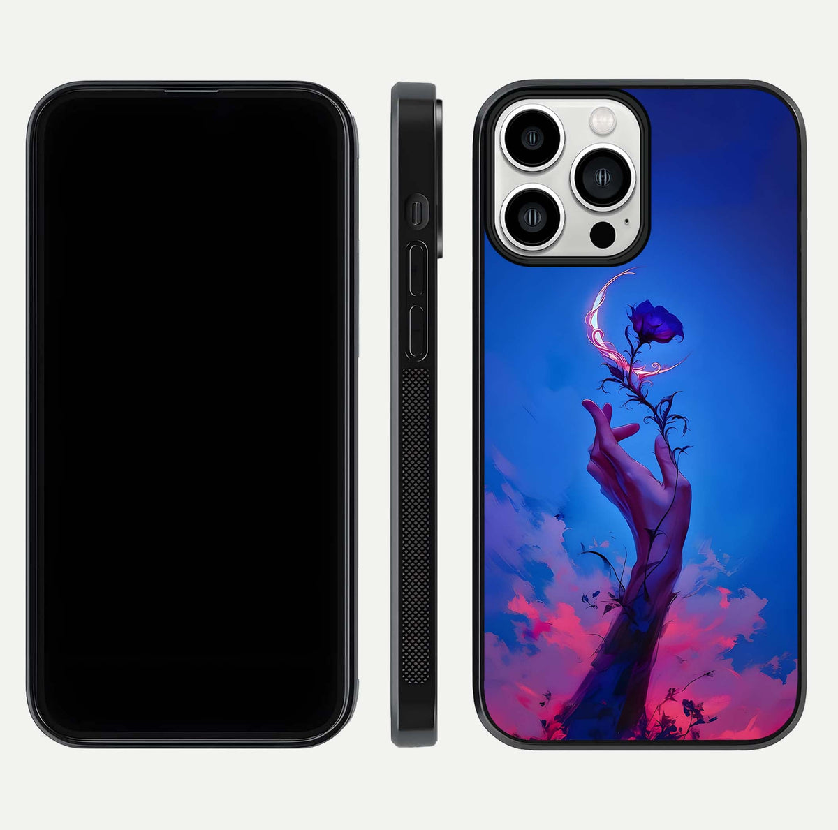 Mystic Hand Glass Case for iPhone 13 Pro Max front & back layout highlighting mystic design and smooth edges