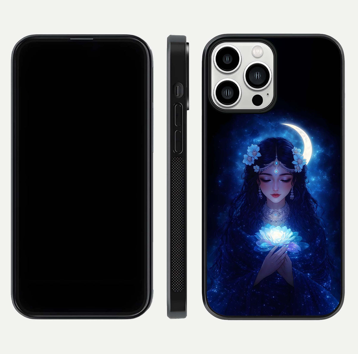 Mystic Moon Queen Glass Case for iPhone 13 Pro Max front & back layout highlighting divine illustration and edges
