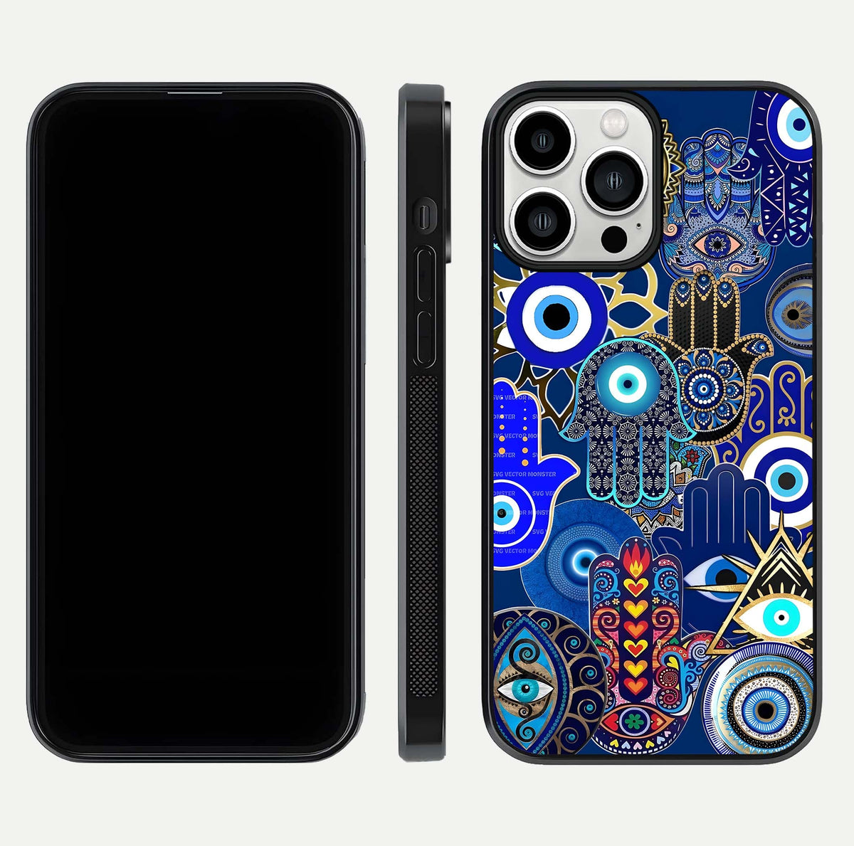 Mystic Palm Guard Glass Case for iPhone 13 Pro Max front & back layout highlighting spiritual art and edge finish