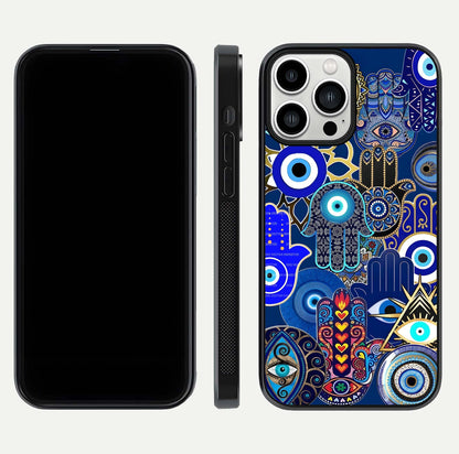 Mystic Palm Guard Glass Case for iPhone 13 Pro Max front & back layout highlighting spiritual art and edge finish