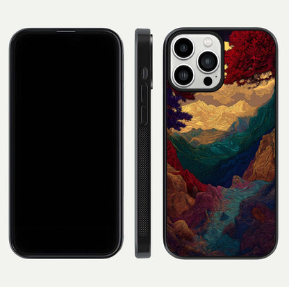 Mystic Valley Light Glass Case for iPhone 13 Pro Max front & back layout displaying landscape tones and edges
