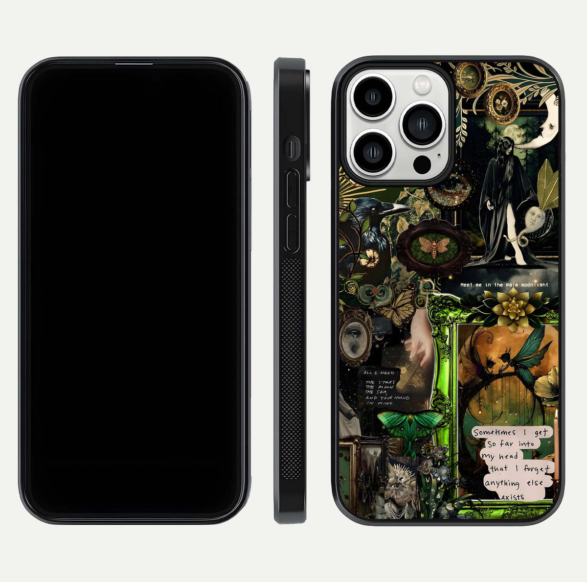 Mystic Woods Secret Glass Case for iPhone 13 Pro Max front & back layout showing nature theme and smooth edges