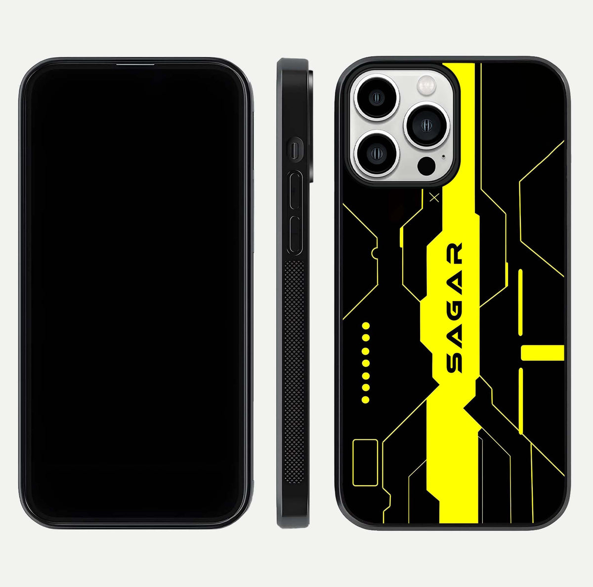 Neon CYBERPUNK Custom Name Glass Case for iPhone 13 Pro Max front & back layout showing tech art and custom edge