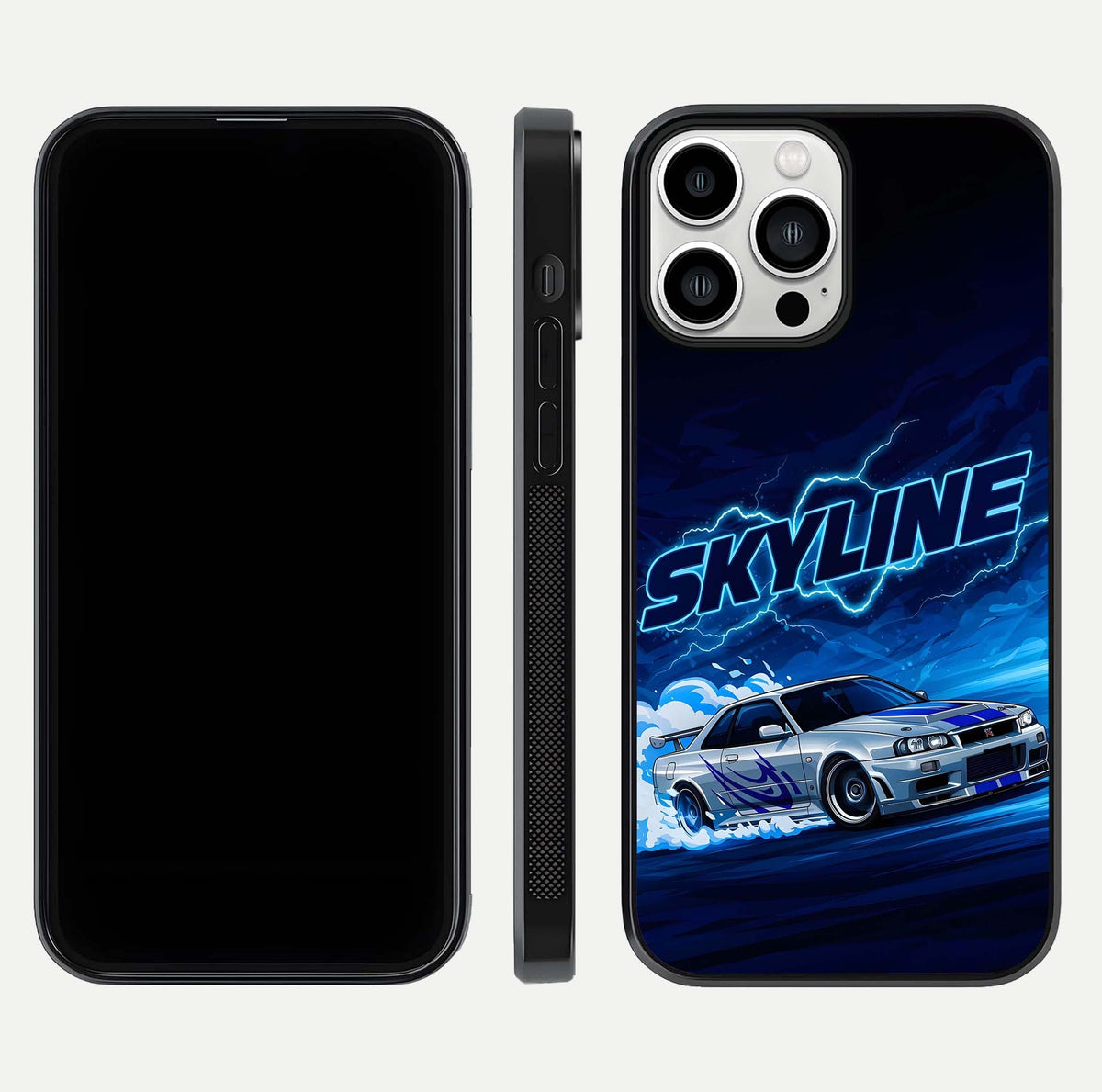 Neon Drift Beast Glass Case for iPhone 13 Pro Max front & back layout showing car silhouette and edge design