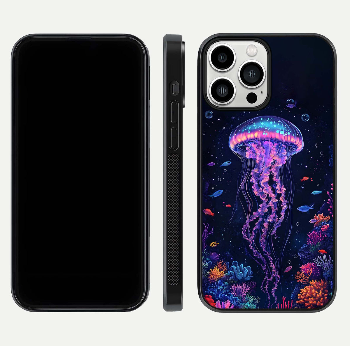 Neon Jellyfish Glass Case for iPhone 13 Pro Max front & back layout highlighting HD marine art and curved edges