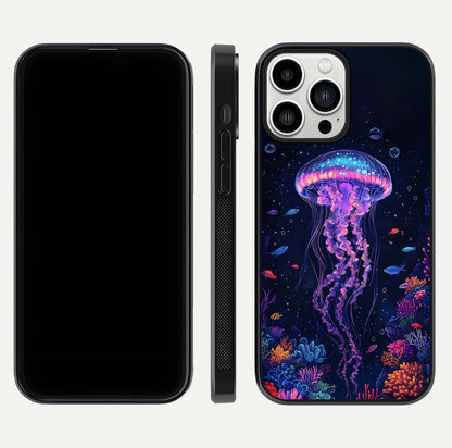 Neon Jellyfish Glass Case for iPhone 13 Pro Max front & back layout highlighting HD marine art and curved edges