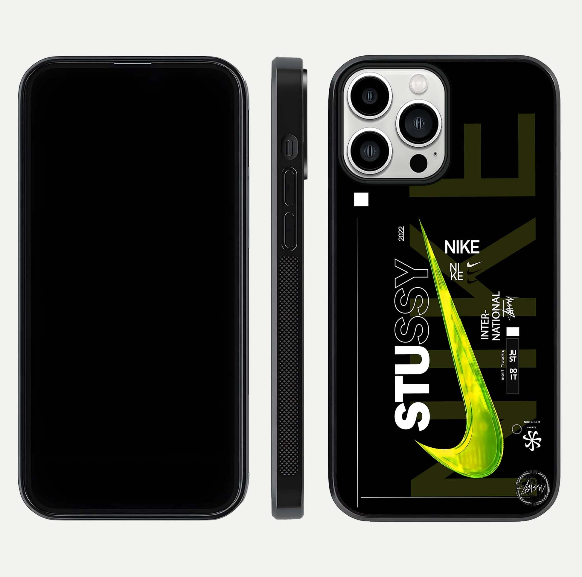 Neon Street Edition Glass Case for iPhone 13 Pro Max front & back layout highlighting street art vibe and edges