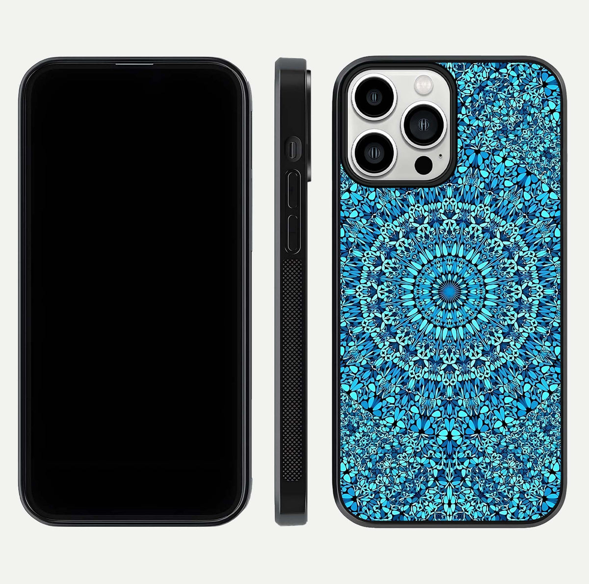 Ocean Bloom Mandala Glass Case for iPhone 13 Pro Max front & back layout showing ocean tone design and edges