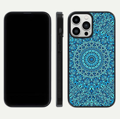 Ocean Bloom Mandala Glass Case for iPhone 13 Pro Max front & back layout showing ocean tone design and edges
