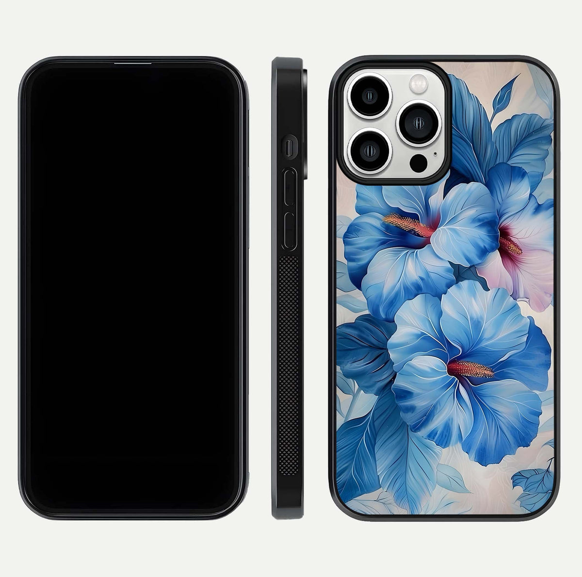 Ocean Hibiscus Grace Glass Case for iPhone 13 Pro Max front & back layout showing vibrant oceanic tones and curves