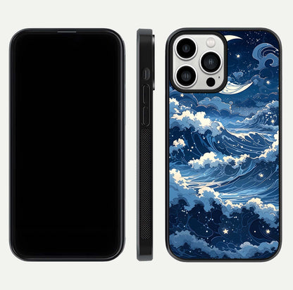 Ocean Moon Waves Glass Case for iPhone 13 Pro Max front & back layout highlighting water flow and smooth edges