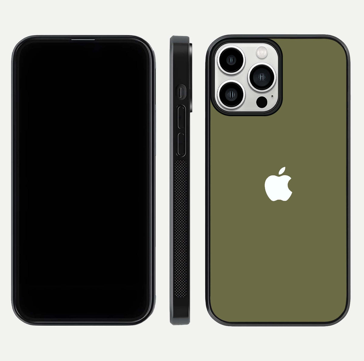 Olive Matte Essence Glass Case for iPhone 13 Pro Max front & back layout highlighting simple design and clean edges