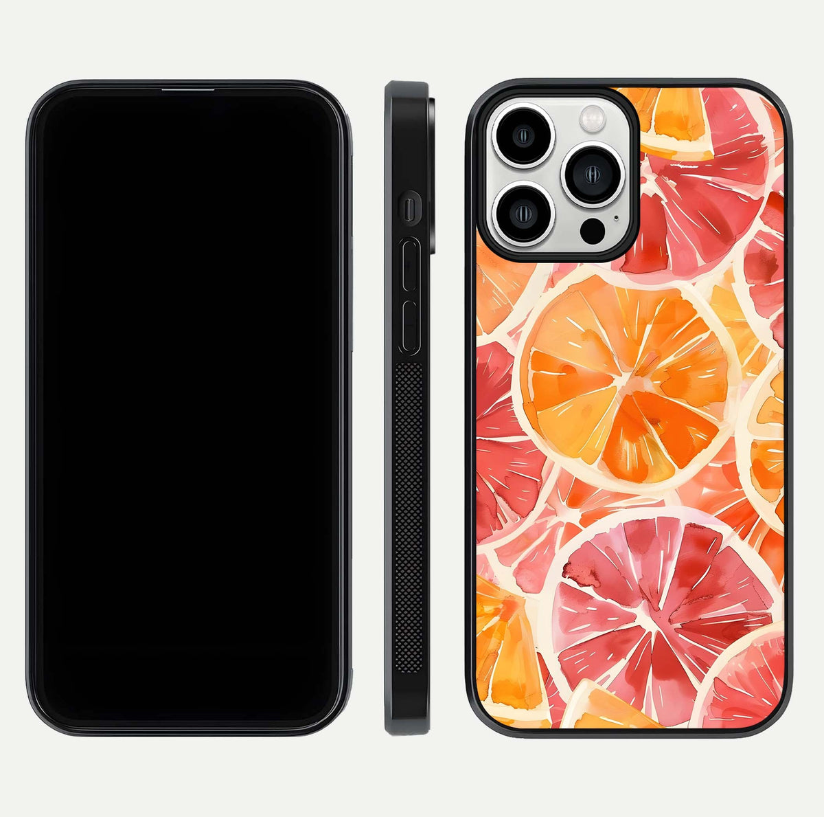 Orange Fruits Pattern Glass Case for iPhone 13 Pro Max front & back layout highlighting bright colors and clean edges