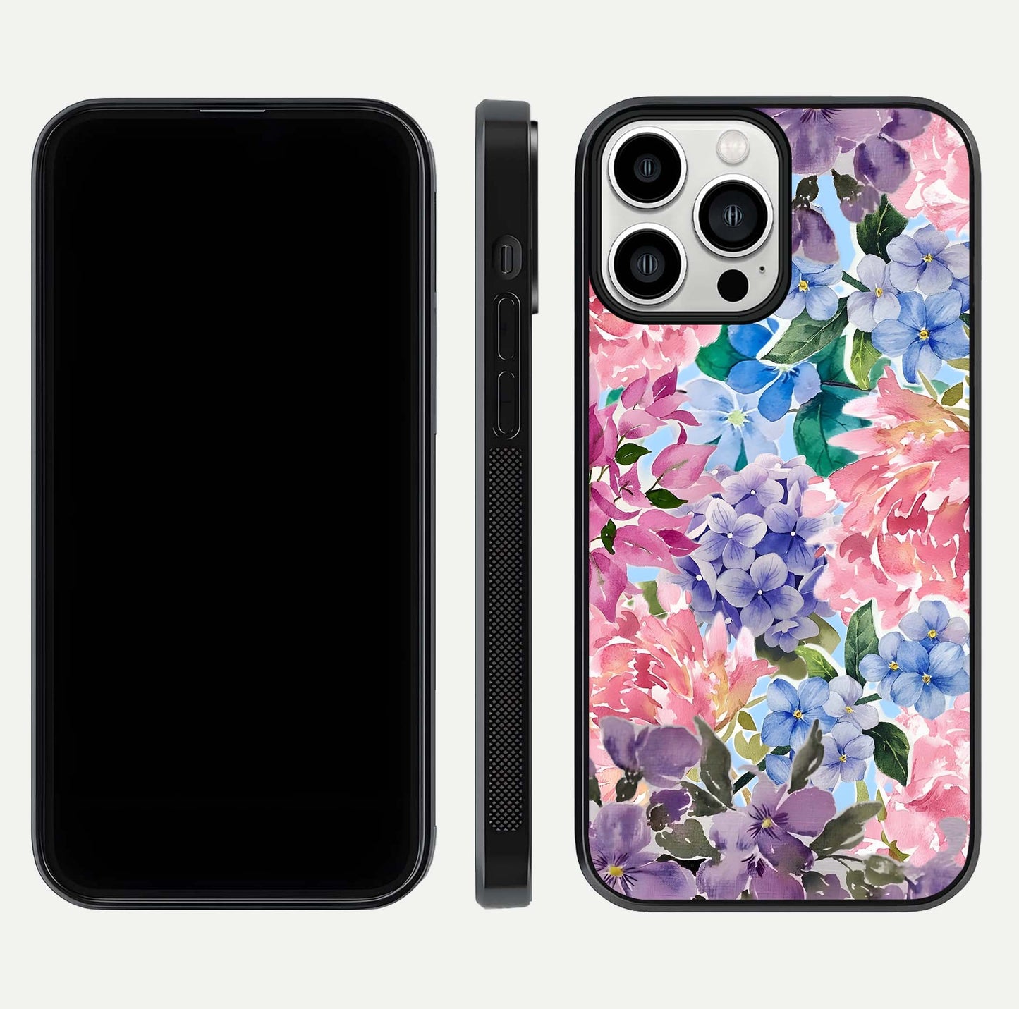Pastel Floral Mix Glass Case for iPhone 13 Pro Max front & back layout showing gentle tones and elegant edges
