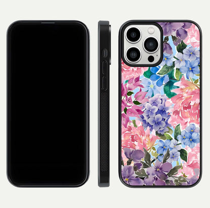 Pastel Floral Mix Glass Case for iPhone 13 Pro Max front & back layout showing gentle tones and elegant edges