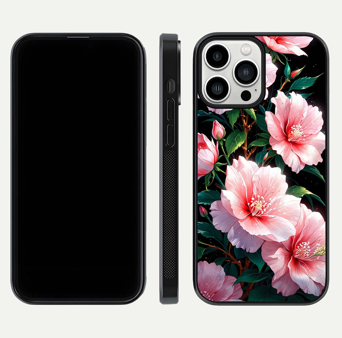Peach Flower Glass Case for iPhone 13 Pro Max front & back layout showing elegant floral tones and smooth edges