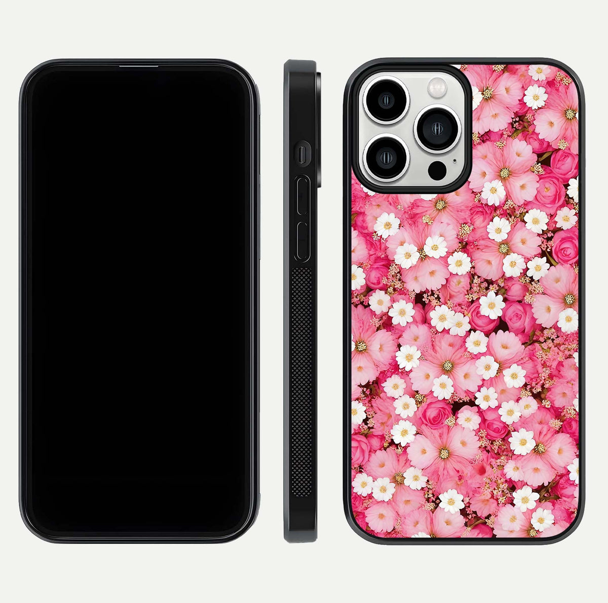 Pink Daisy Bliss Glass Case for iPhone 13 Pro Max front & back layout showing HD floral tones and edge finish