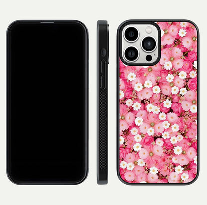 Pink Daisy Bliss Glass Case for iPhone 13 Pro Max front & back layout showing HD floral tones and edge finish