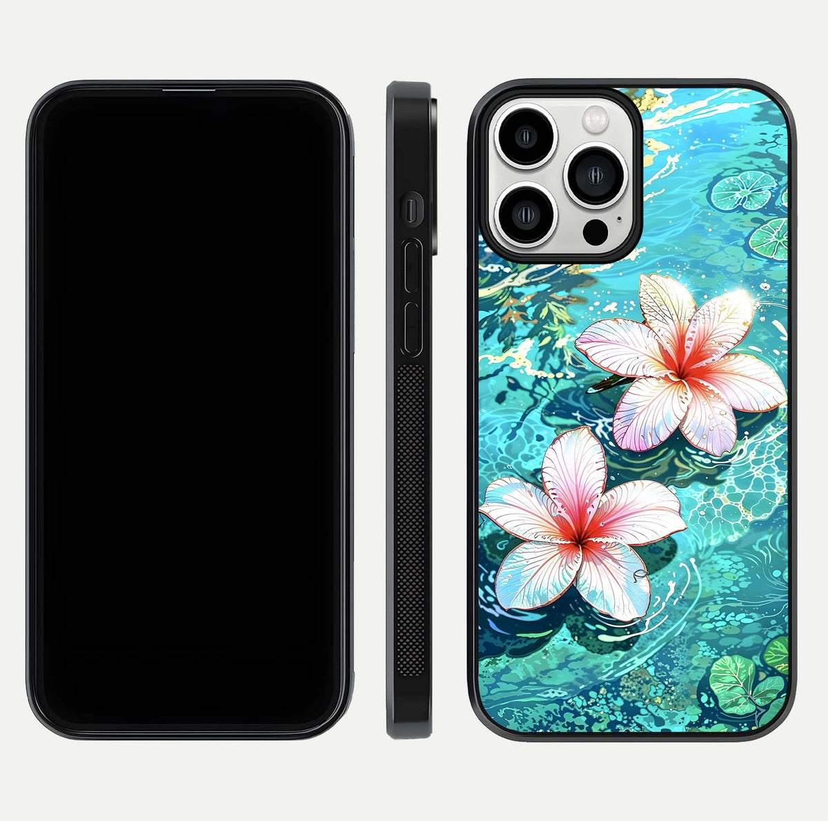 Pink Flowers in Water Glass Case for iPhone 13 Pro Max front & back layout showing elegant pastel floral tones