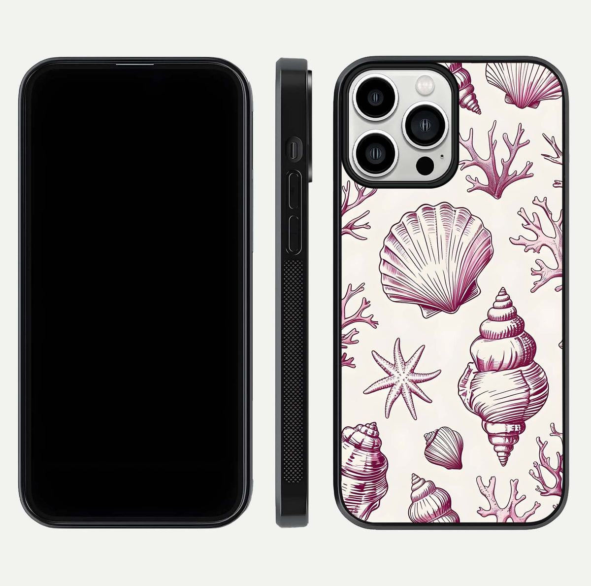 Pink Shells Outline Glass Case for iPhone 13 Pro Max front & back layout showing soft pastel tones and edge design