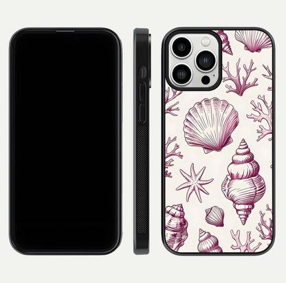 Pink Shells Outline Glass Case for iPhone 13 Pro Max front & back layout showing soft pastel tones and edge design