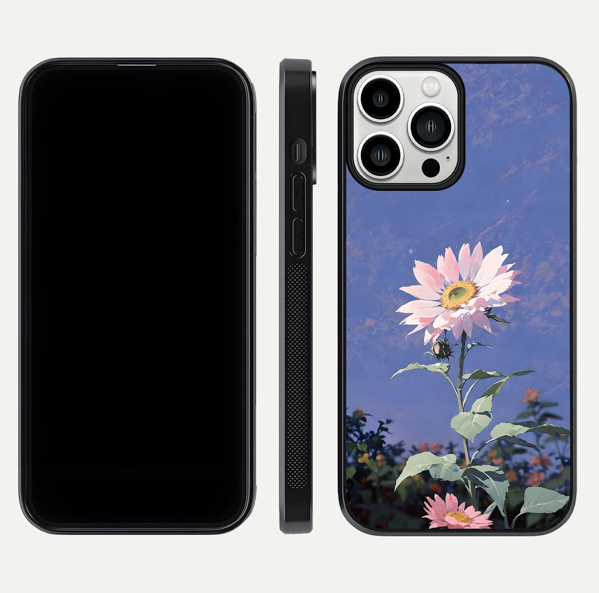 Pink Sunflower Glow Glass Case for iPhone 13 Pro Max front & back layout showing HD tones and bright finish