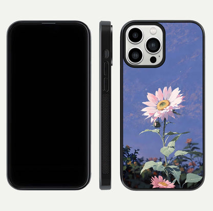 Pink Sunflower Glow Glass Case for iPhone 13 Pro Max front & back layout showing HD tones and bright finish