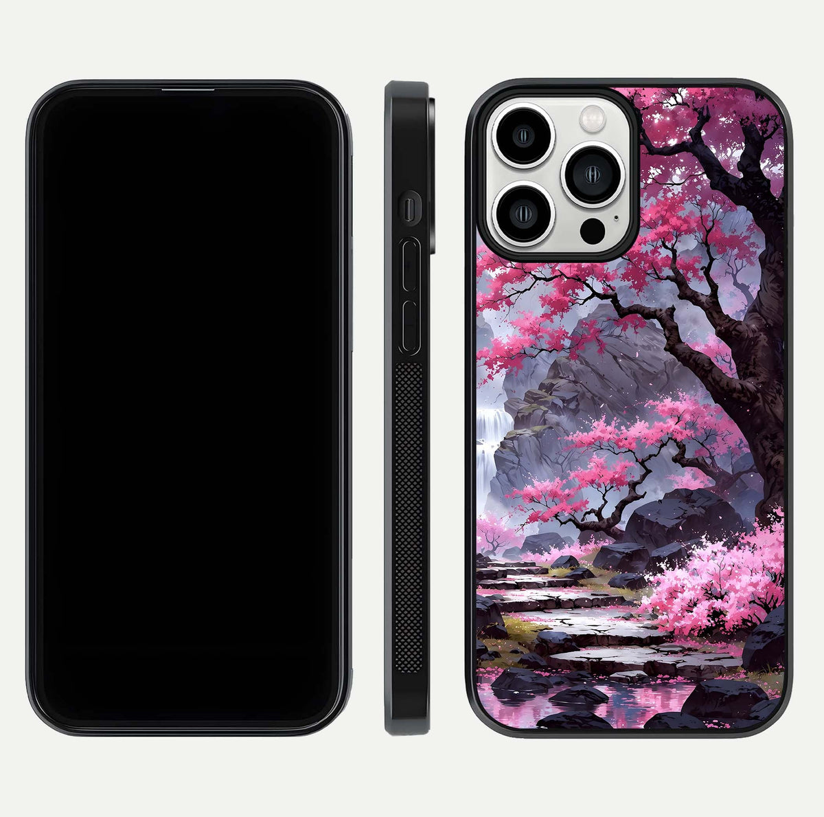 Pinkish Scenery Glass Case for iPhone 13 Pro Max front & back layout showing landscape art and curved edge finish
