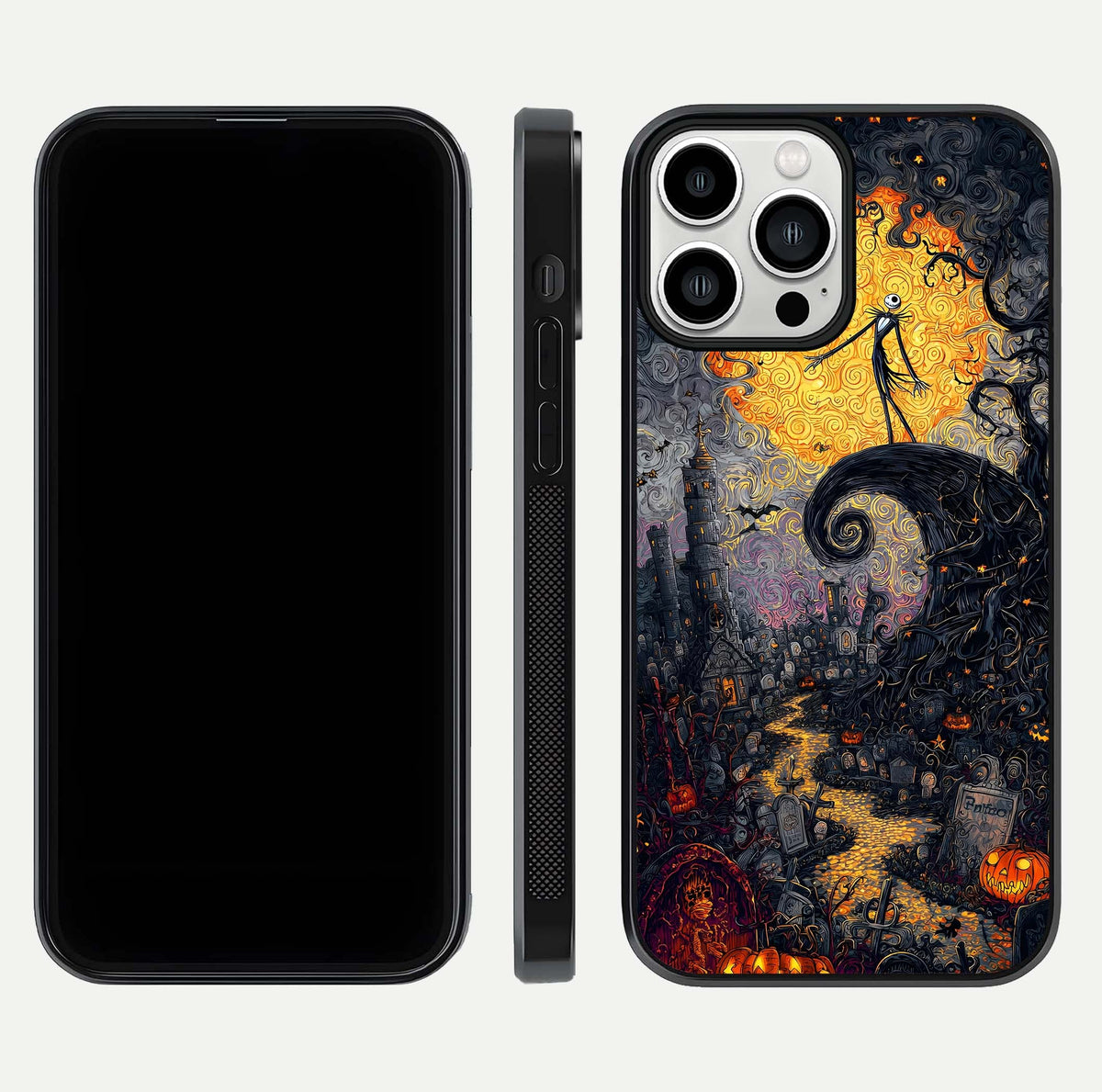 Pumpkin Moon Night Glass Case for iPhone 13 Pro Max front & back layout highlighting festive tones and smooth edges