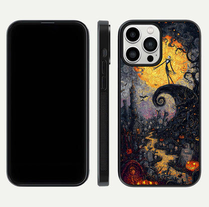 Pumpkin Moon Night Glass Case for iPhone 13 Pro Max front & back layout highlighting festive tones and smooth edges
