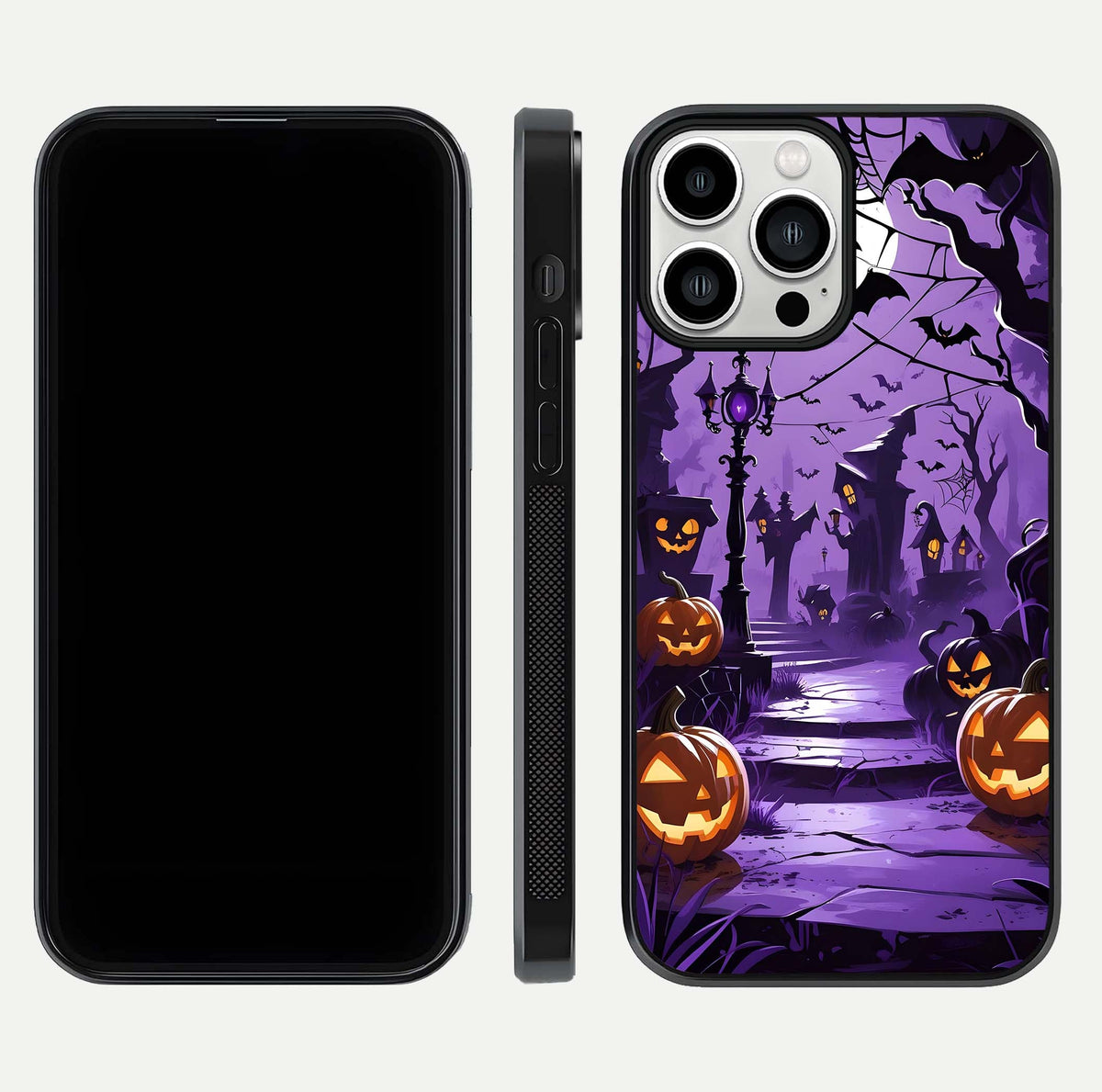 Pumpkin Patch Halloween Glass Case for iPhone 13 Pro Max front & back layout showing festive Halloween print