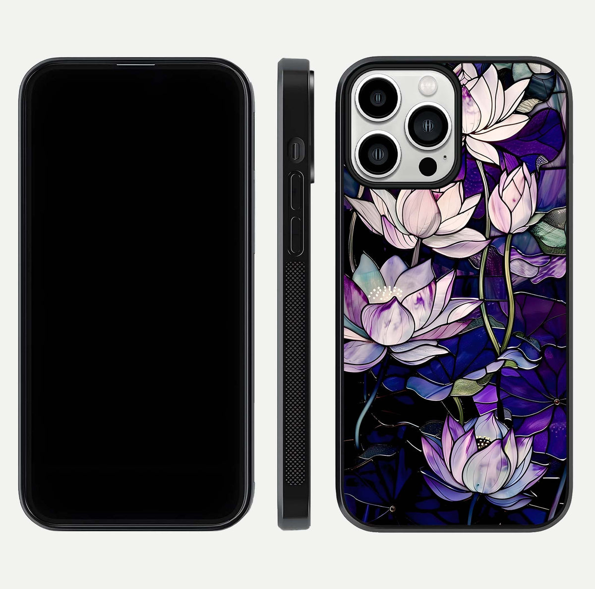 Purple Lotus Pattern Glass Case for iPhone 13 Pro Max front & back layout highlighting floral tones and soft edges
